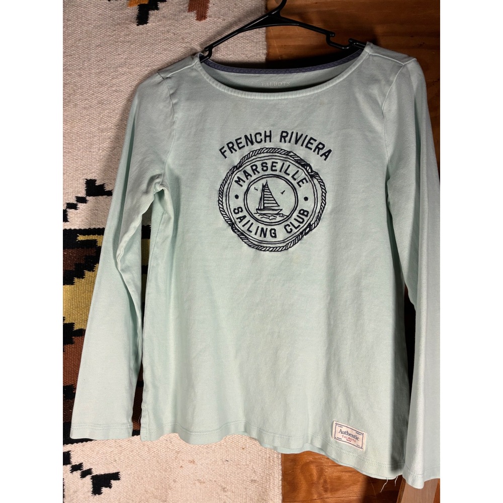 Talbots Graphic Tee Petite Small Mint Green Excellent French Riviera Sailing